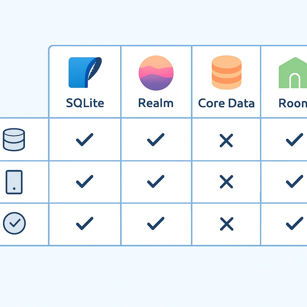 Tabla comparativa de bases de datos locales móviles como SQLite, Realm, Core Data y Room, destacando características y plataformas