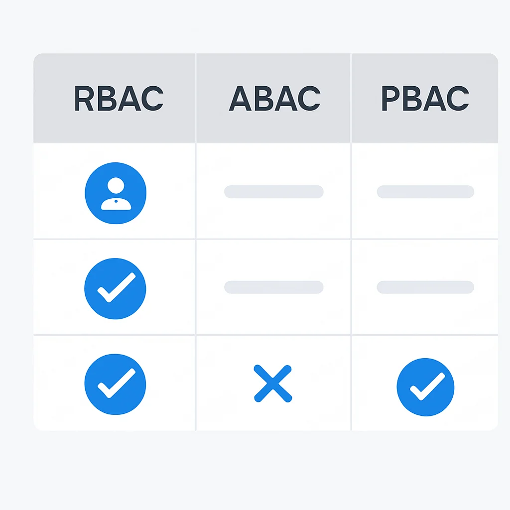 Tabla comparativa de RBAC, ABAC y PBAC