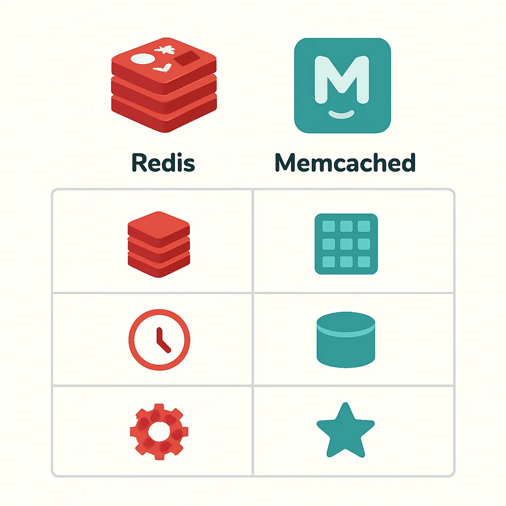 Tabla comparativa de características de Redis vs Memcached, resaltando diferencias clave en tipos de datos, persistencia y características avanzadas