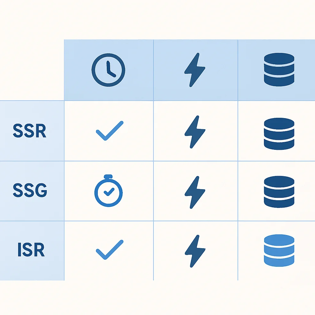 Tabla comparativa de SSR, SSG e ISR con métricas clave