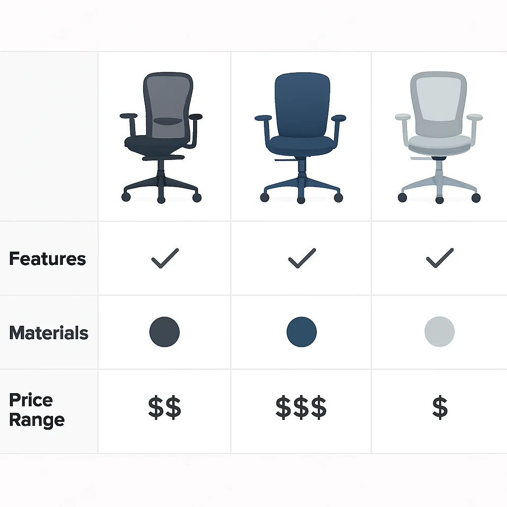 Tabla comparativa de las mejores sillas ergonómicas para desarrolladores, destacando características, materiales y rangos de precio.