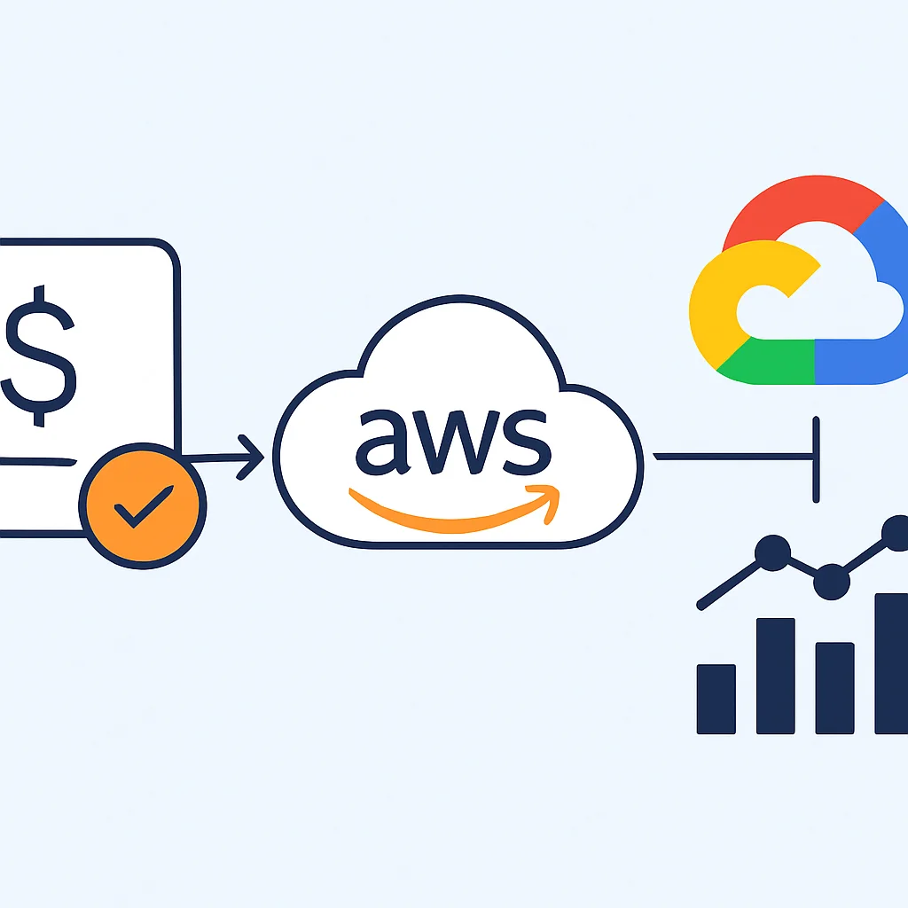 Diagrama conceptual de análisis financiero usando AWS para transacciones y GCP para ML y análisis de datos a gran escala