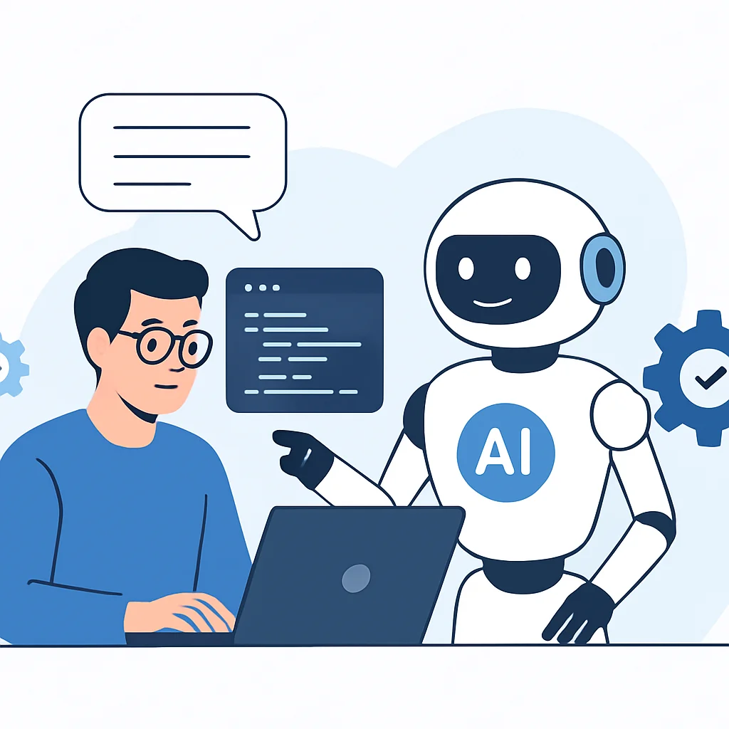 Ilustración conceptual de IA asistiendo a un desarrollador en la codificación y automatización de tareas