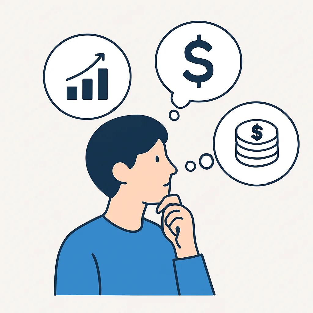 Imagen conceptual de una persona pensando en preguntas financieras, con burbujas de pensamiento con símbolos de inversión