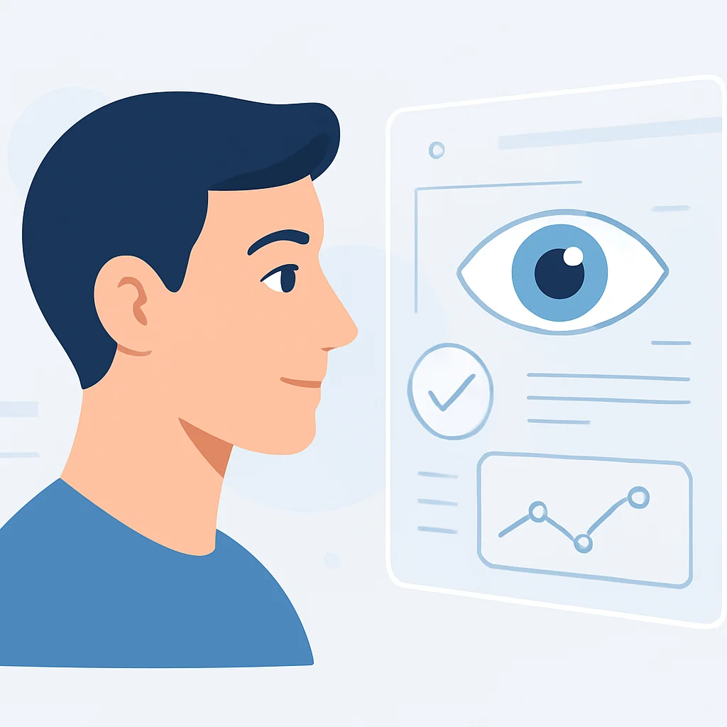 Imagen conceptual de una persona con ojos sanos mirando una interfaz futurista, simbolizando el bienestar digital