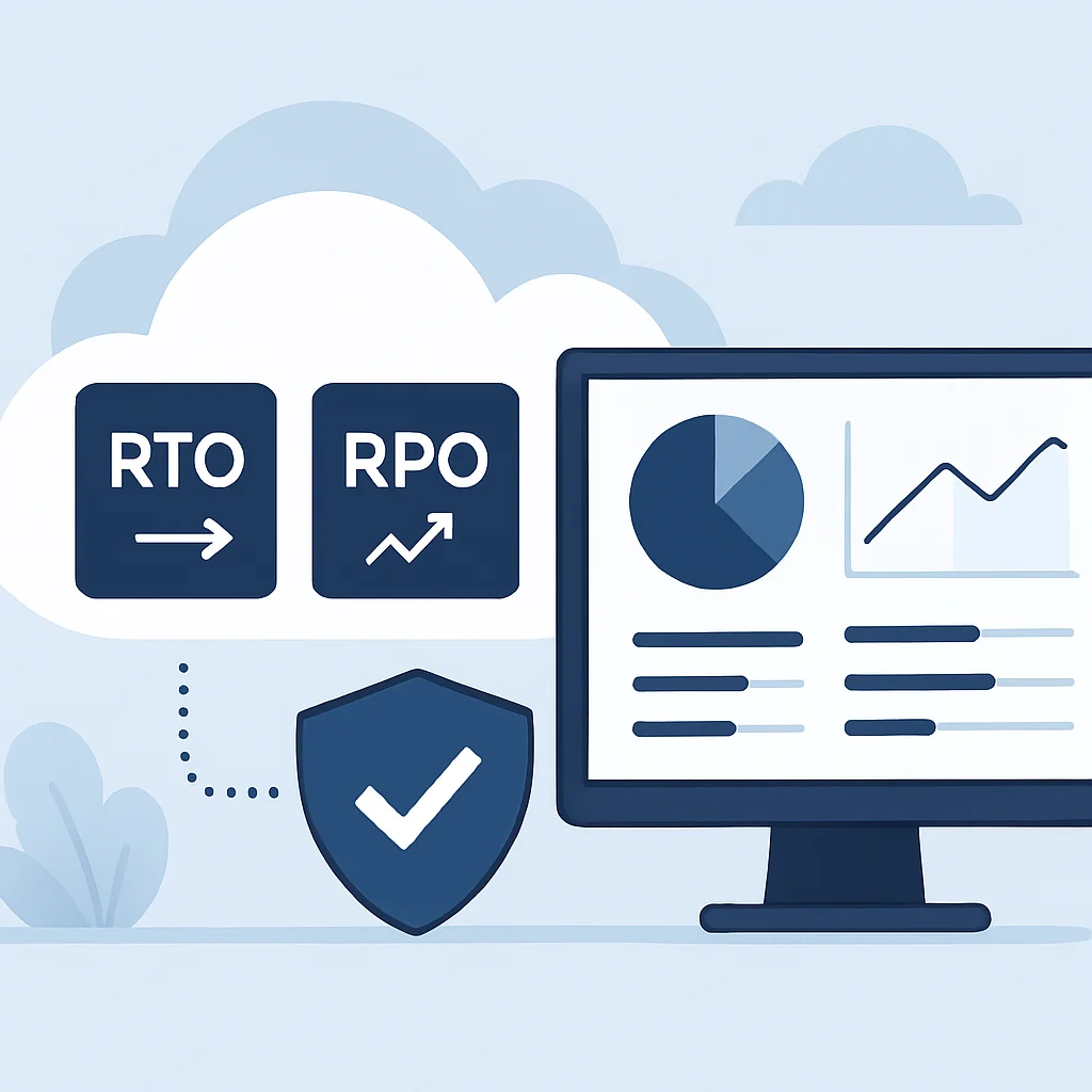Imagen conceptual de un entorno cloud con métricas de resiliencia y monitoreo de DR/HA