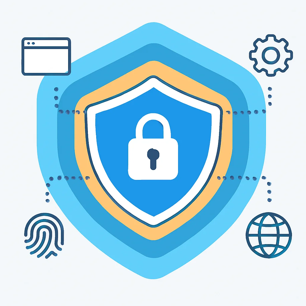 Diagrama de un escudo de ciberseguridad con múltiples capas de protección