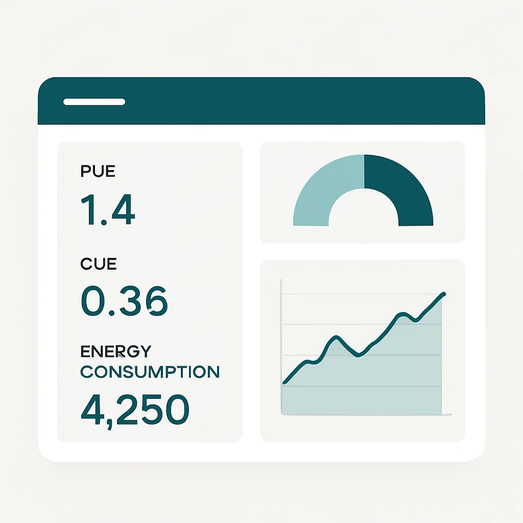 Dashboard mostrando métricas de sostenibilidad de TI como PUE, CUE y tendencias de consumo de energía