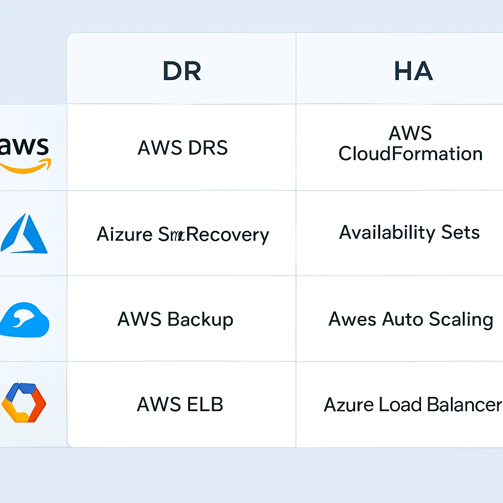 Tabla comparativa detallada de servicios DR y HA en AWS, Azure, GCP