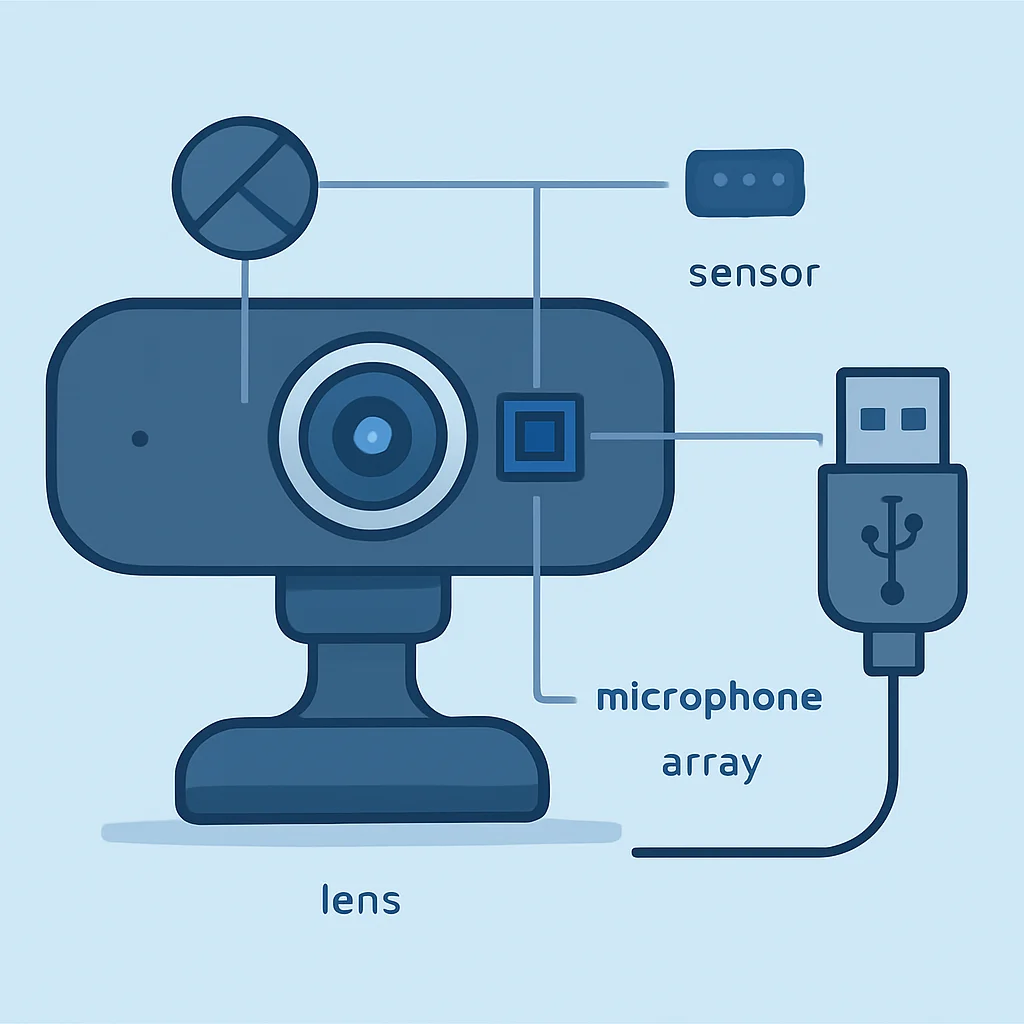 Diagrama detallado de los componentes internos de una webcam: lente, sensor, micrófono, conector USB y obturador de privacidad