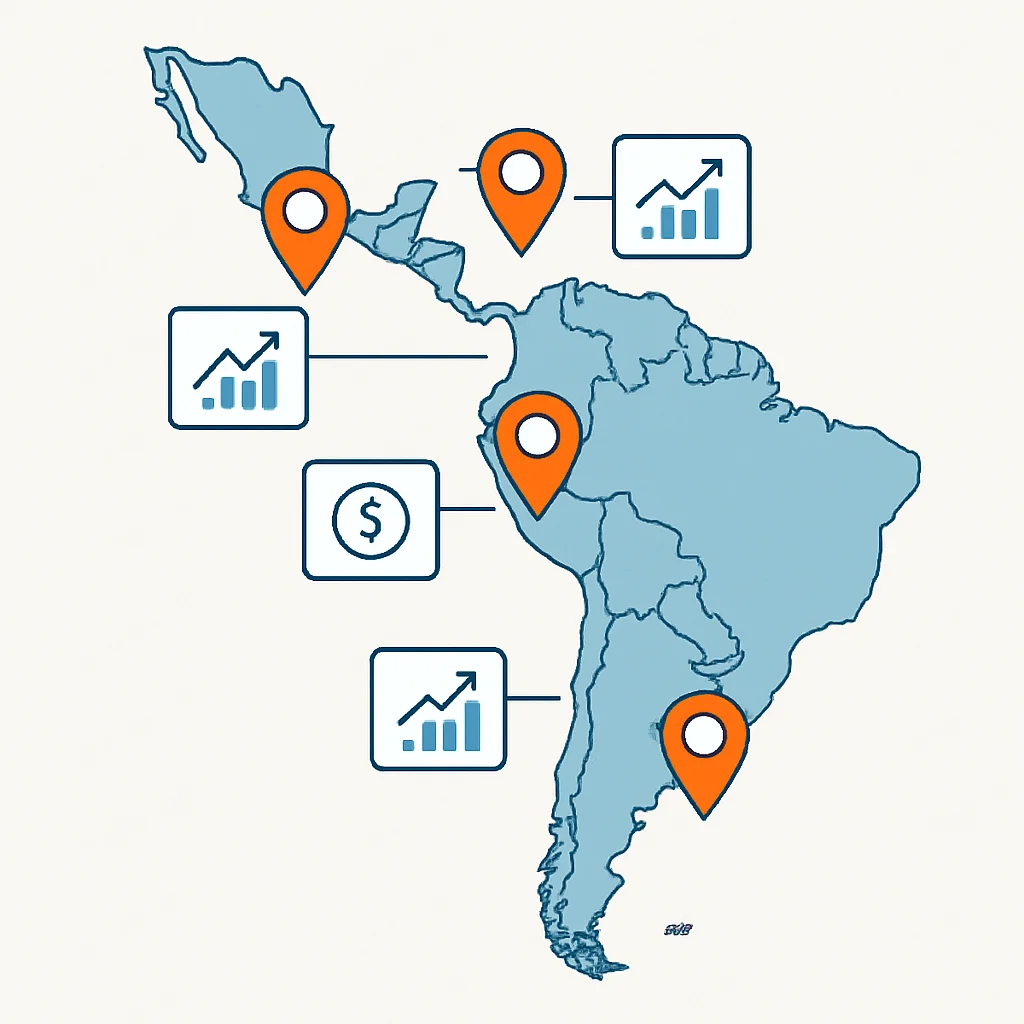 Mapa detallado que destaca ciudades en crecimiento en América Latina con indicadores económicos
