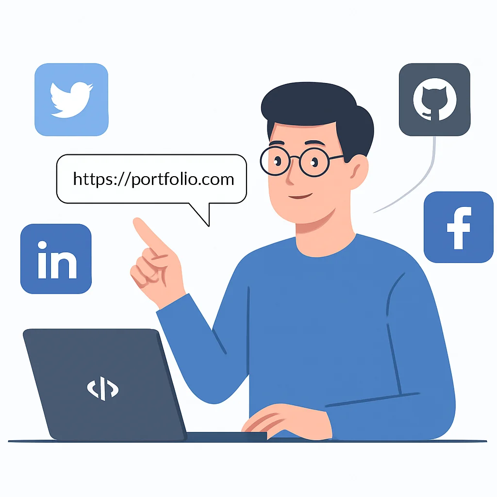 Desarrollador compartiendo activamente el enlace de su portfolio en diversas redes sociales y plataformas de networking profesional