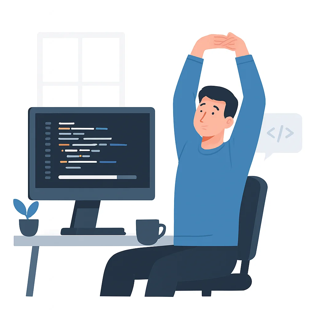 Desarrollador haciendo estiramientos ligeros mientras espera que el código se compile en pantalla