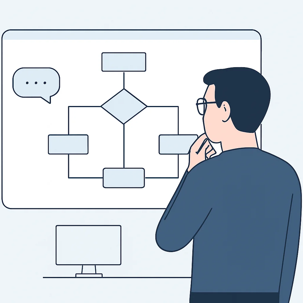Desarrollador analizando un diagrama de flujo complejo, ilustrando el pensamiento crítico y la descomposición de problemas