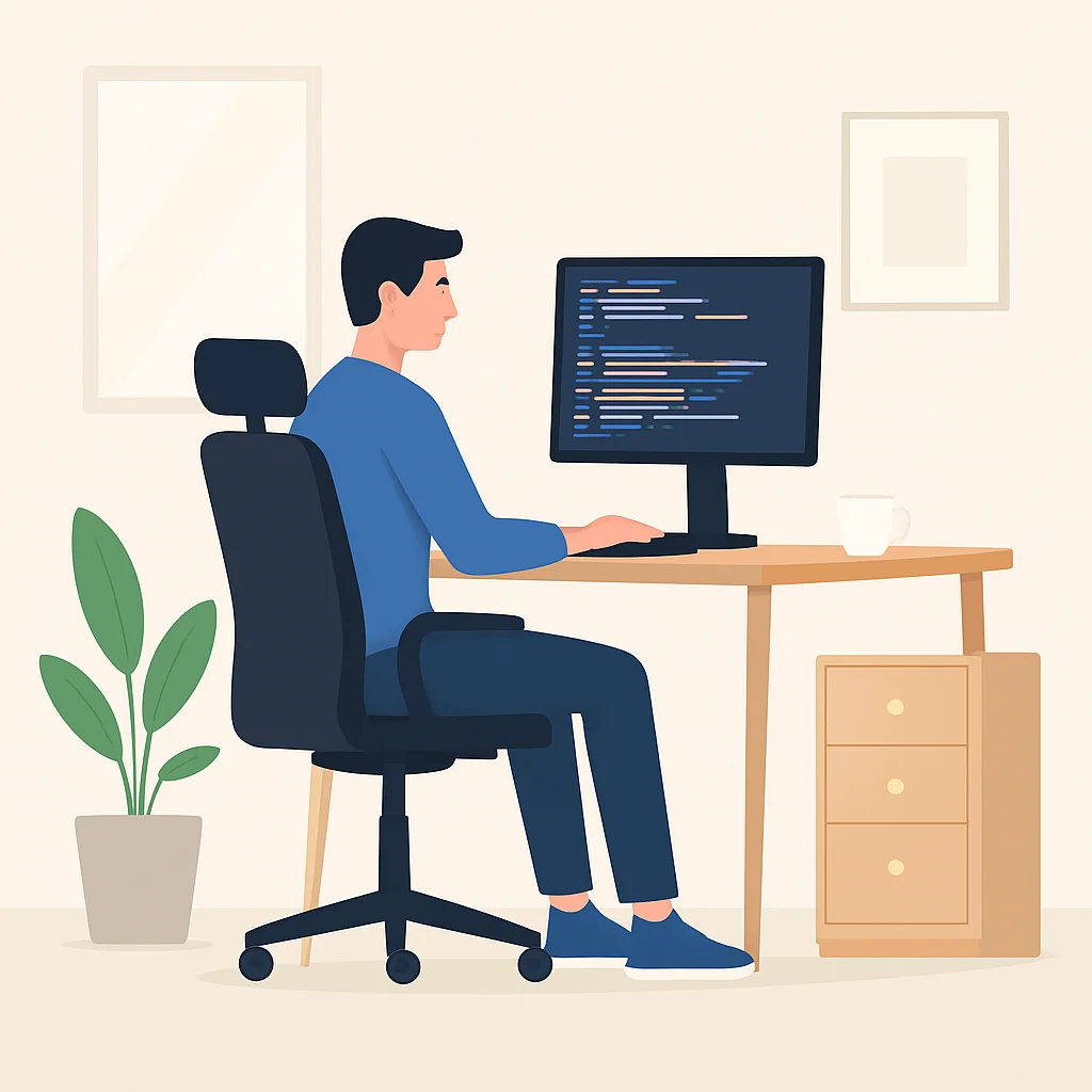 Desarrollador sentado cómodamente en una silla ergonómica, programando en un ordenador, con buena postura. Oficina en casa moderna.