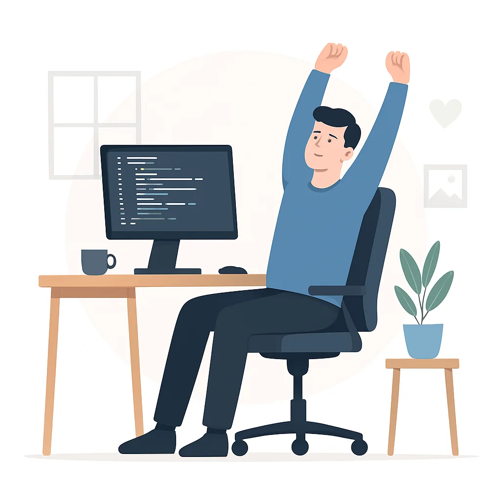Desarrollador trabajando en escritorio con configuración ergonómica adecuada y estirándose entre tareas