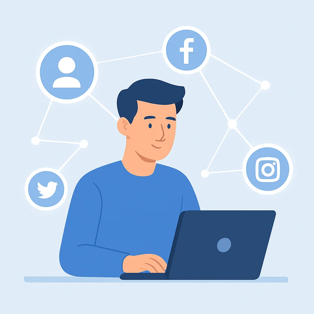 Desarrollador trabajando en laptop, rodeado de iconos de redes sociales y conexiones de red, representando marca personal