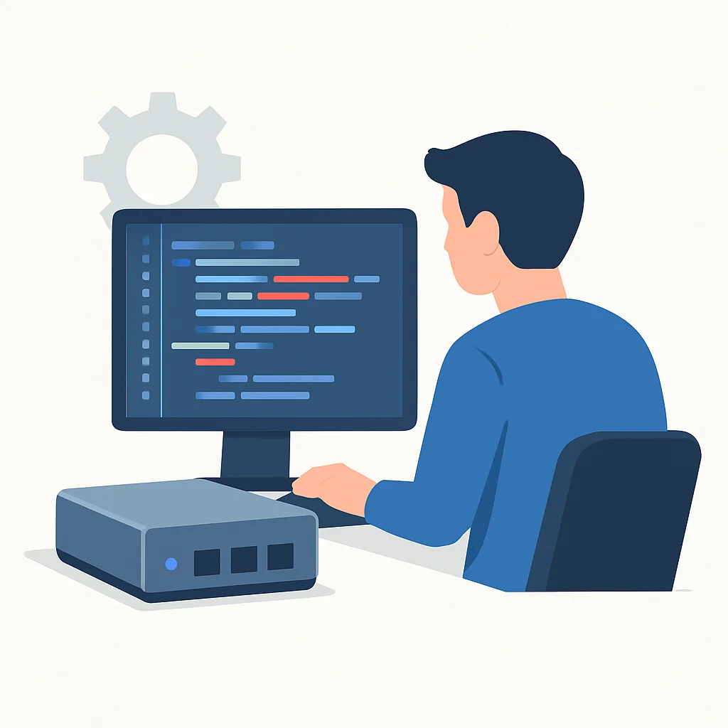 Desarrollador trabajando en un dispositivo edge con código en pantalla
