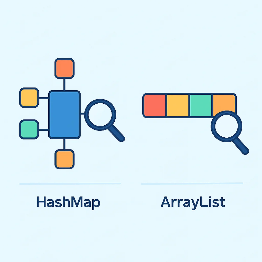 Diagrama comparando estructuras de datos eficientes (HashMap vs ArrayList) para operaciones de búsqueda