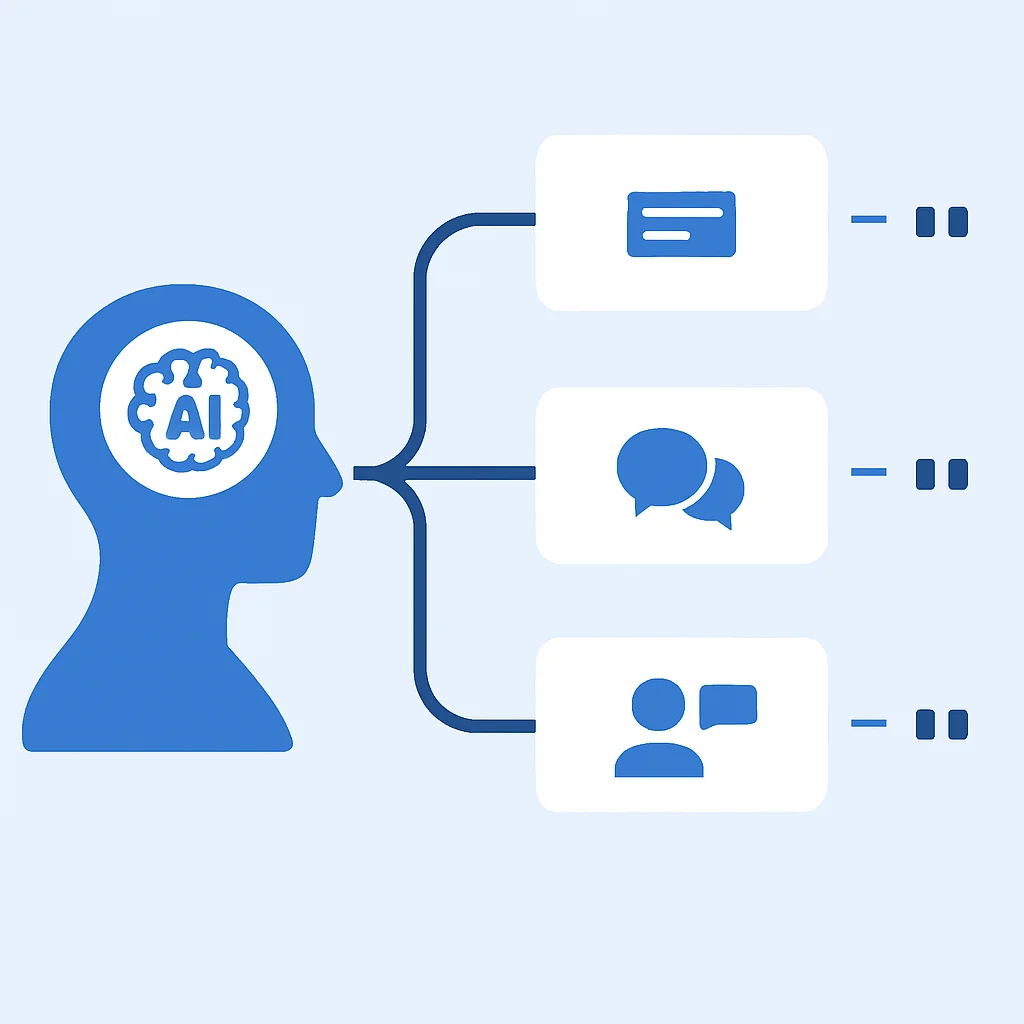 Diagrama que ilustra una ruta de aprendizaje de IA personalizada, mostrando diferentes módulos (gramática, vocabulario, conversación) adaptándose al progreso del usuario