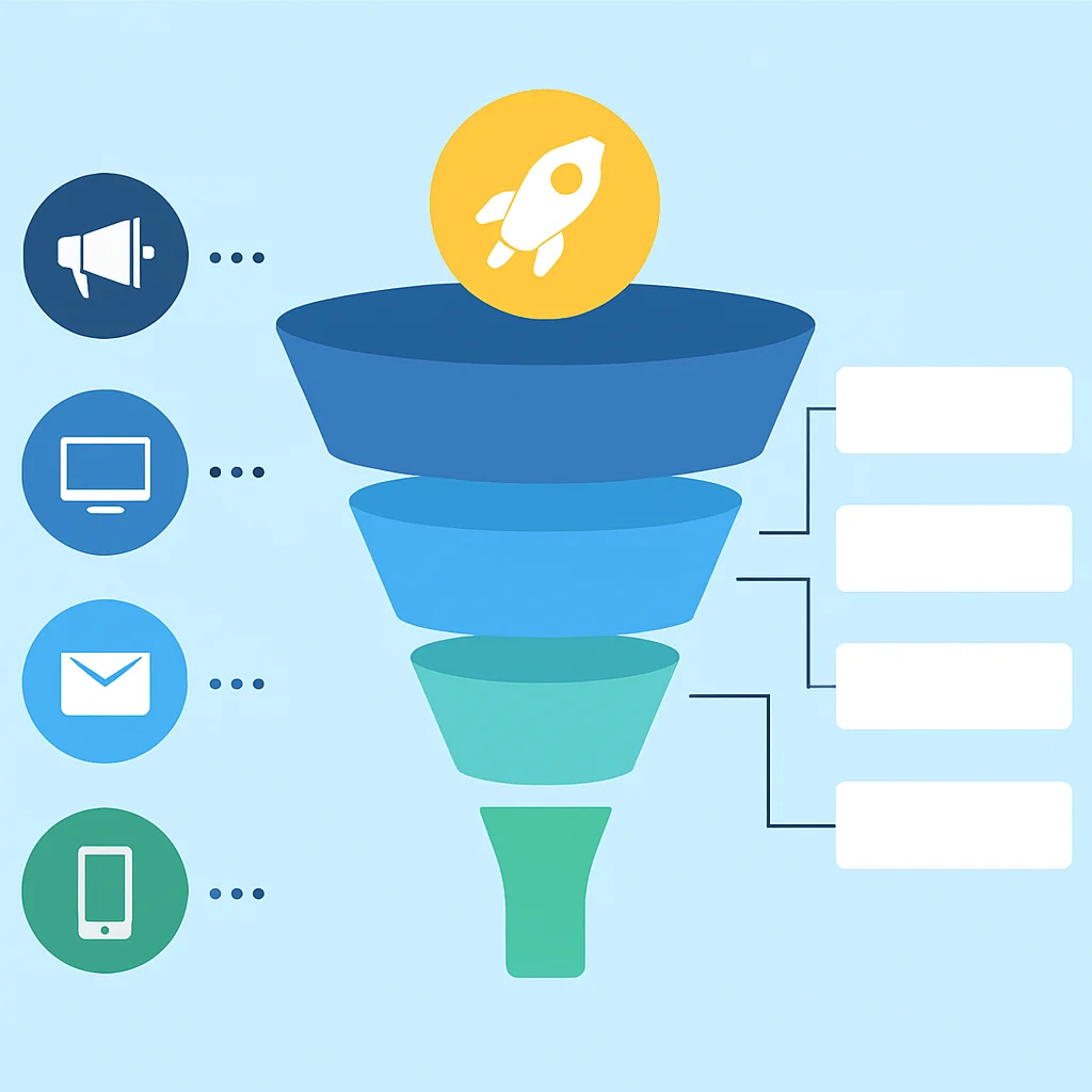 Diagrama de embudo de lanzamiento de producto, desde la concienciación hasta la conversión, a través de diferentes canales de marketing