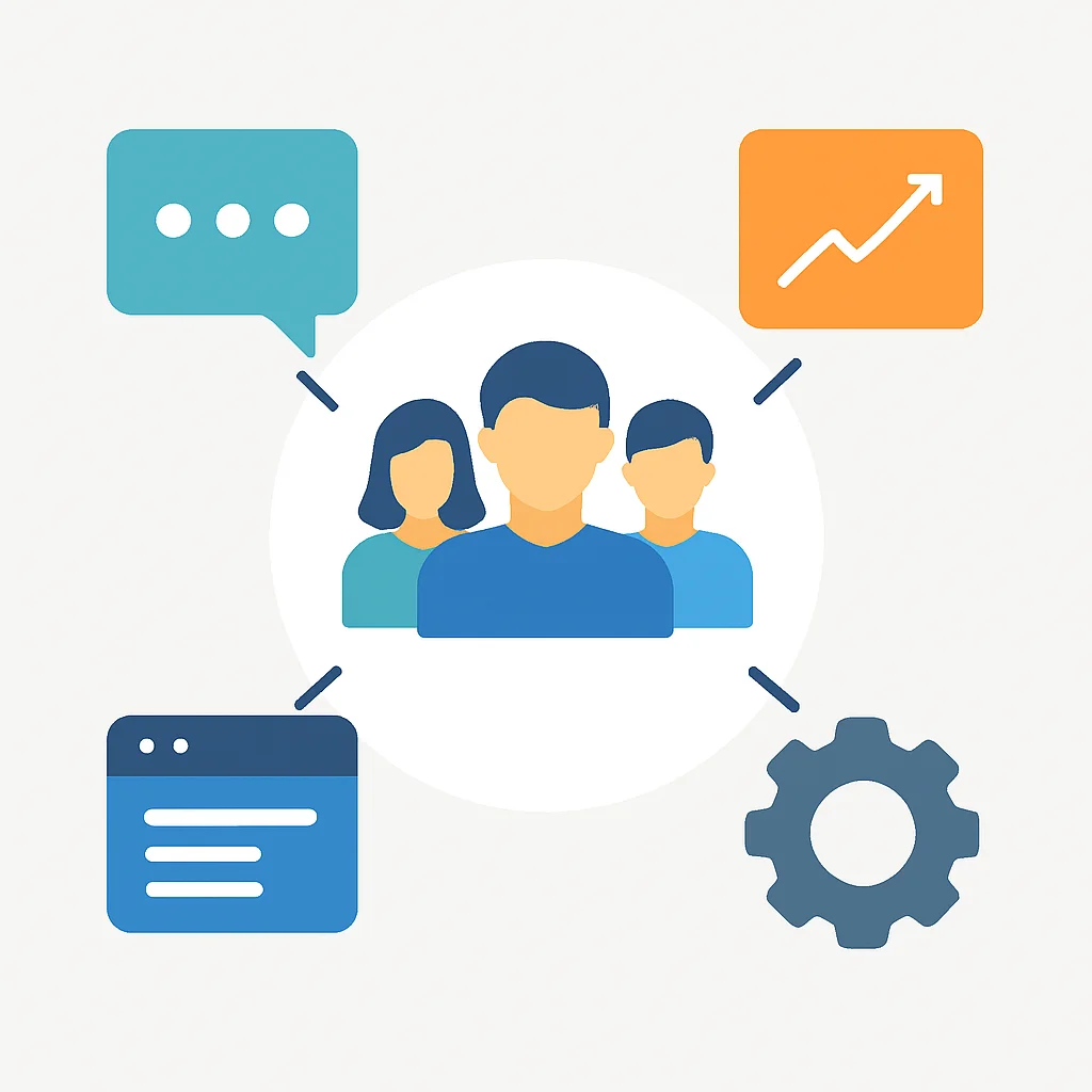 Diagrama mostrando la estructura de un equipo de crecimiento multifuncional y herramientas de colaboración