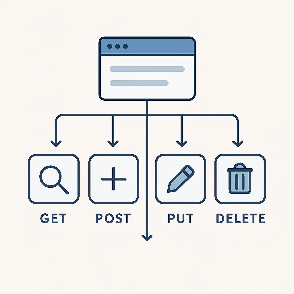 Diagrama que ilustra los métodos HTTP (GET, POST, PUT, DELETE) y sus operaciones CRUD correspondientes