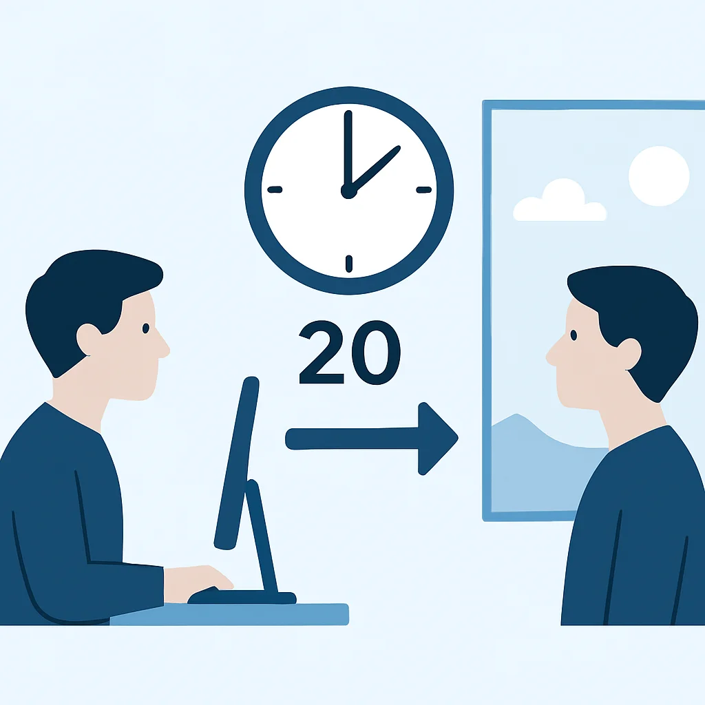 Diagrama ilustrando la regla 20-20-20 con una persona mirando una pantalla, luego por una ventana a un objeto distante
