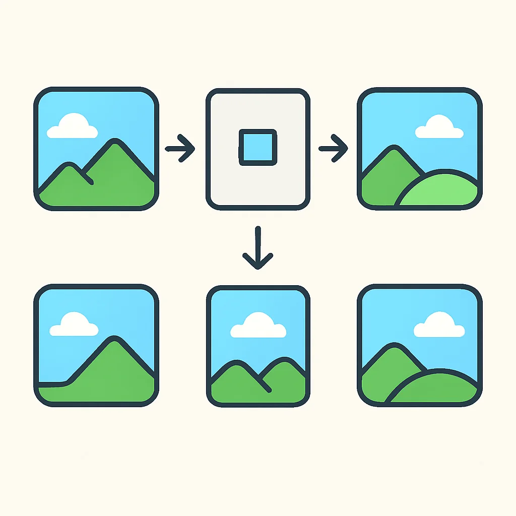 Diagrama ilustrando los conceptos de img2img, inpainting y outpainting