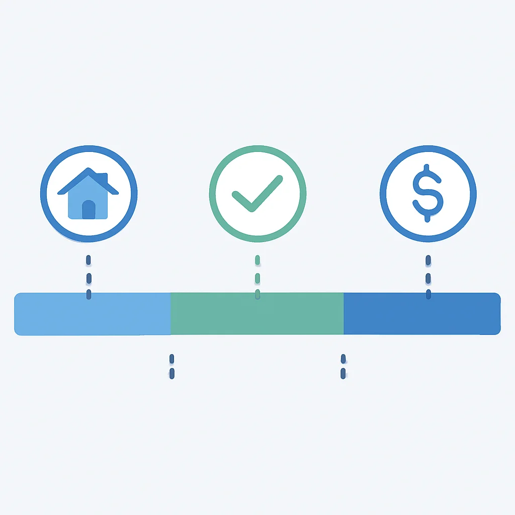 Diagrama que ilustra la línea de tiempo y las fases de un contrato de arrendamiento con opción a compra: período de alquiler inicial, ventana de ejercicio de opción y compra final.