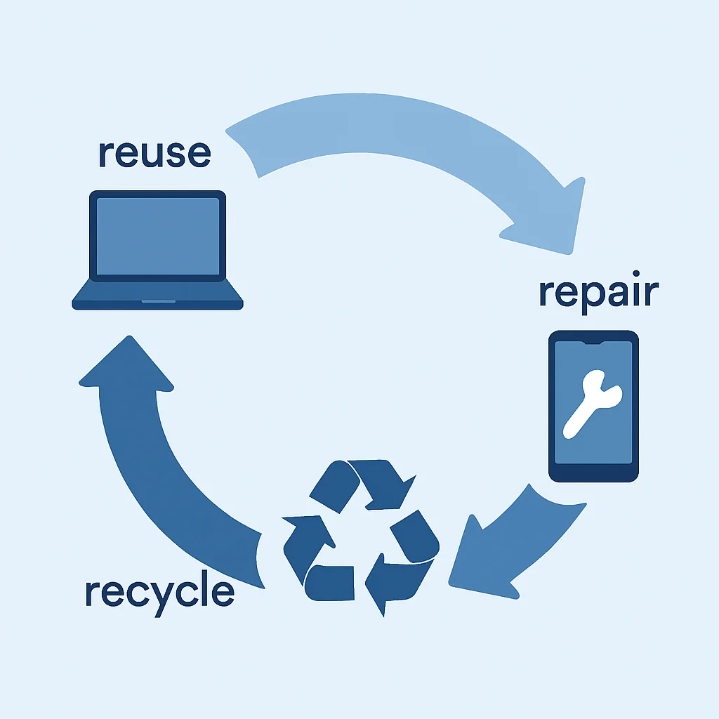 Diagrama de economía circular en tecnología, mostrando bucles de reutilización, reparación y reciclaje