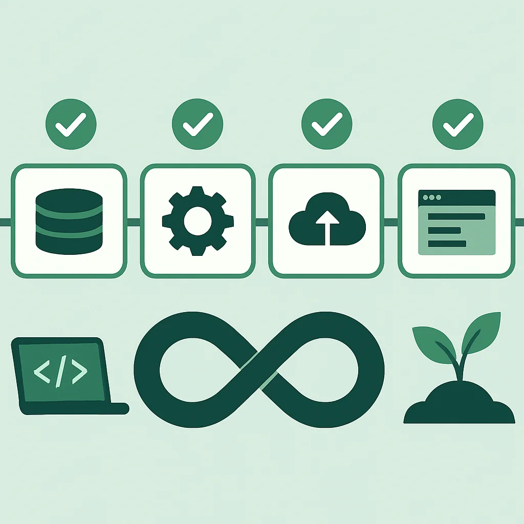 Diagrama de pipeline Green DevOps mostrando comprobaciones ambientales en cada etapa