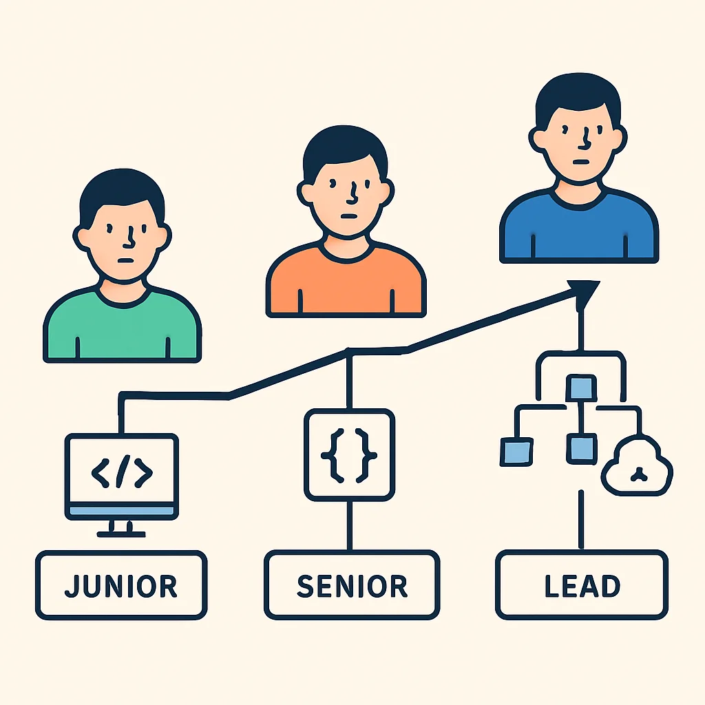 Diagrama de la trayectoria profesional de un desarrollador, desde junior hasta líder, con conjuntos de habilidades en cada etapa.