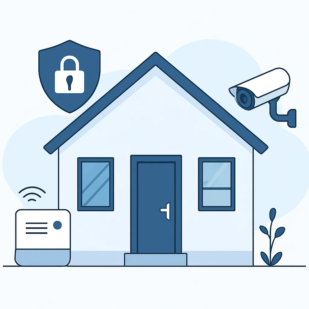 Diagrama de una casa segura con puertas y ventanas reforzadas, sistema de alarma y cámaras de videovigilancia