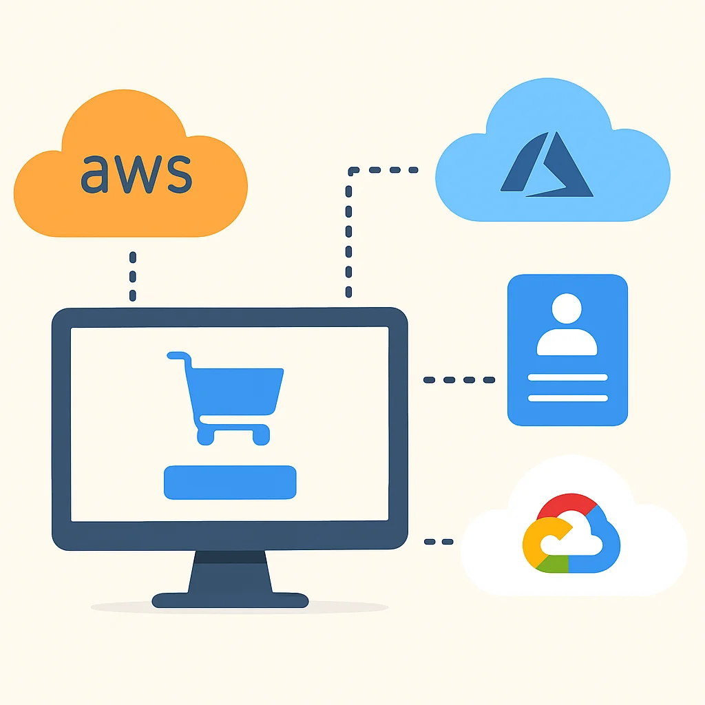 Diagrama de plataforma de e-commerce con front-end en AWS, datos de clientes de la UE en Azure e inventario en GCP