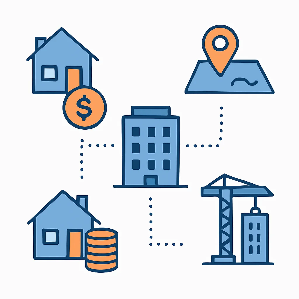 Diagrama que muestra diferentes estrategias de inversión inmobiliaria para desarrolladores