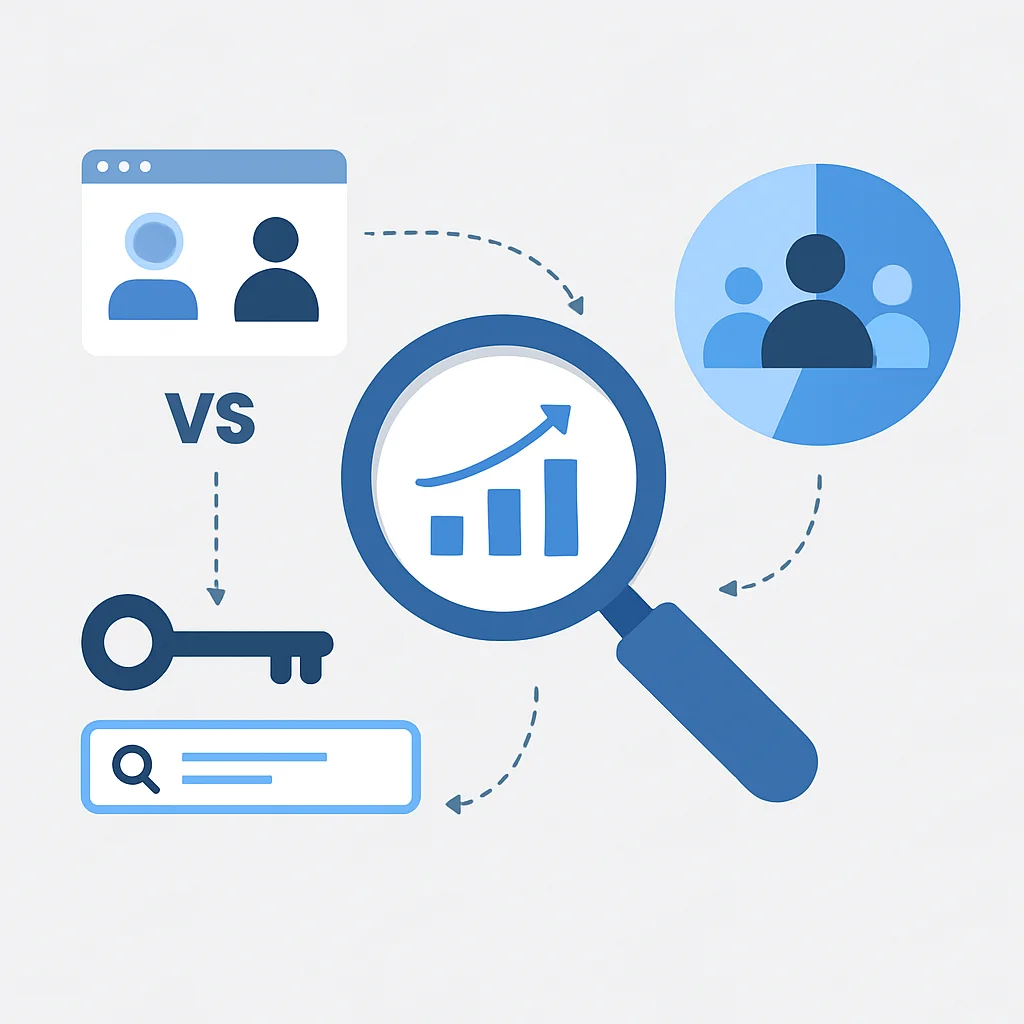 Diagrama del proceso de investigación de mercado, incluyendo análisis de la competencia, investigación de palabras clave y segmentación de audiencia