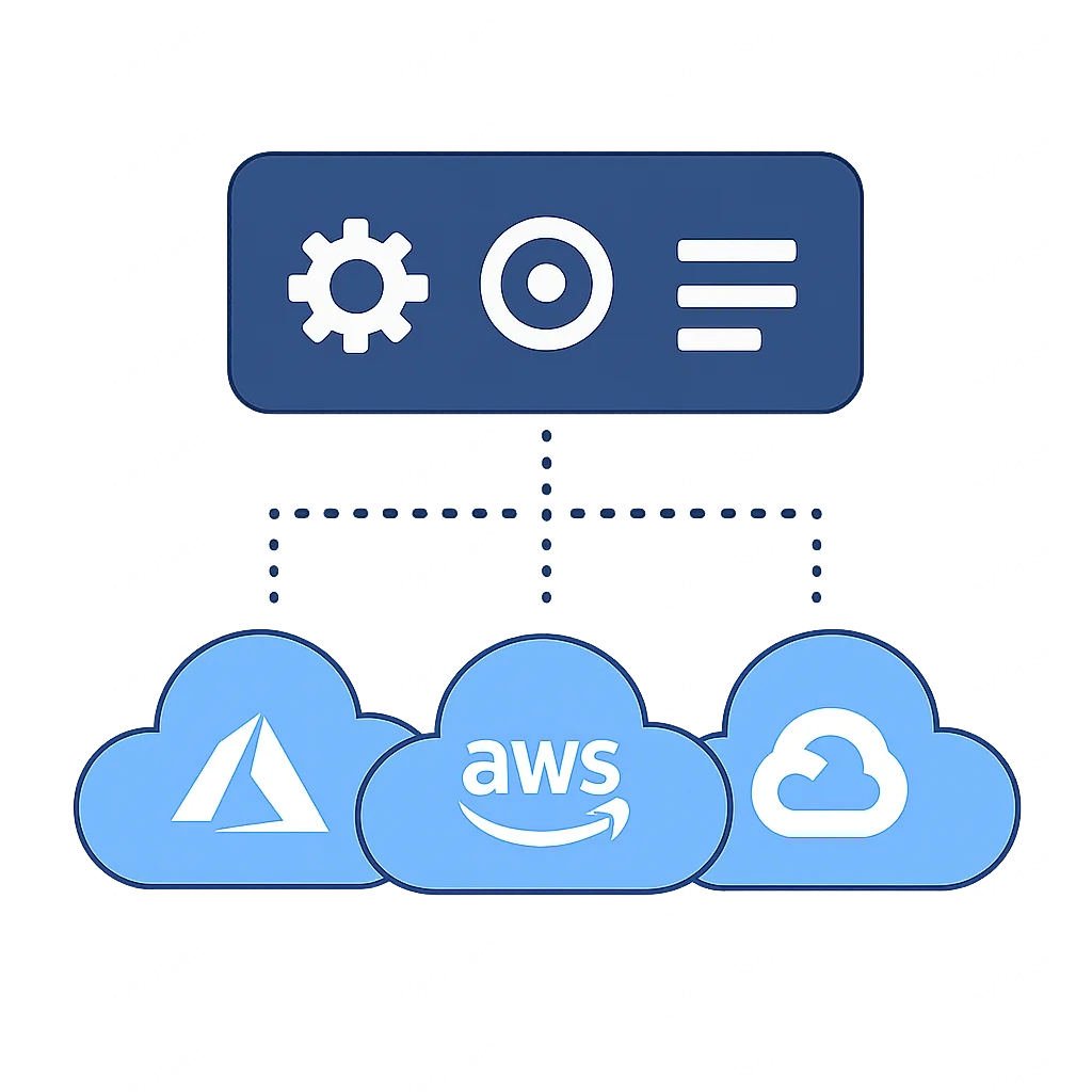 Diagrama de complejidad de gestión multi-cloud con iconos de proveedores y una capa de gestión central
