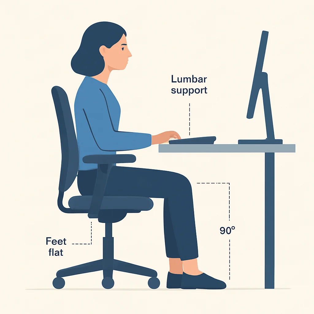 Diagrama que muestra la postura ergonómica correcta en una silla, con anotaciones para pies planos, ángulos de 90 grados, soporte lumbar y altura de reposabrazos.