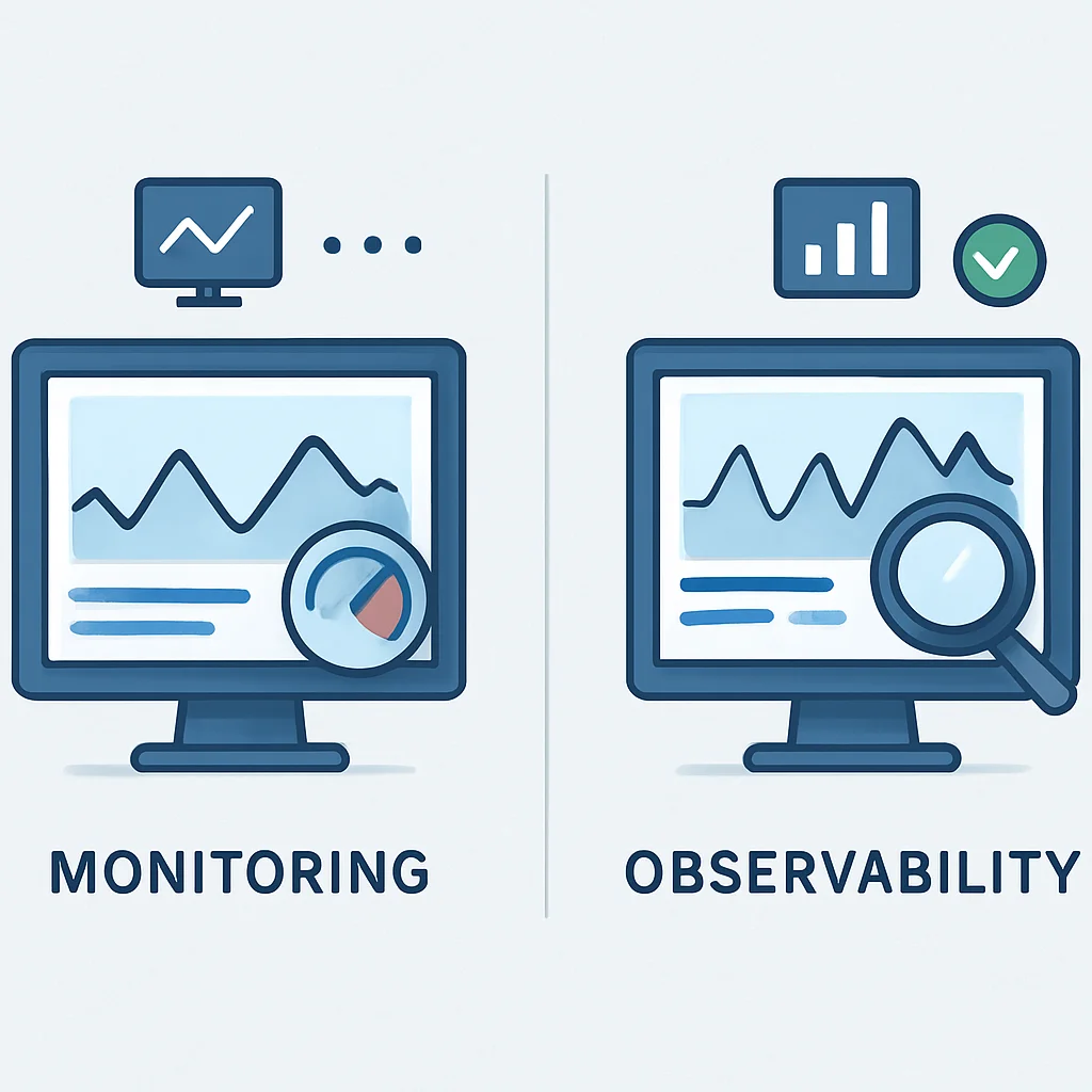 Diagrama de diferencias entre monitoreo y observabilidad con insights profundos
