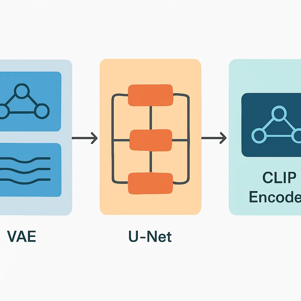 Diagrama de arquitectura de Stable Diffusion con VAE, U-Net y codificador CLIP