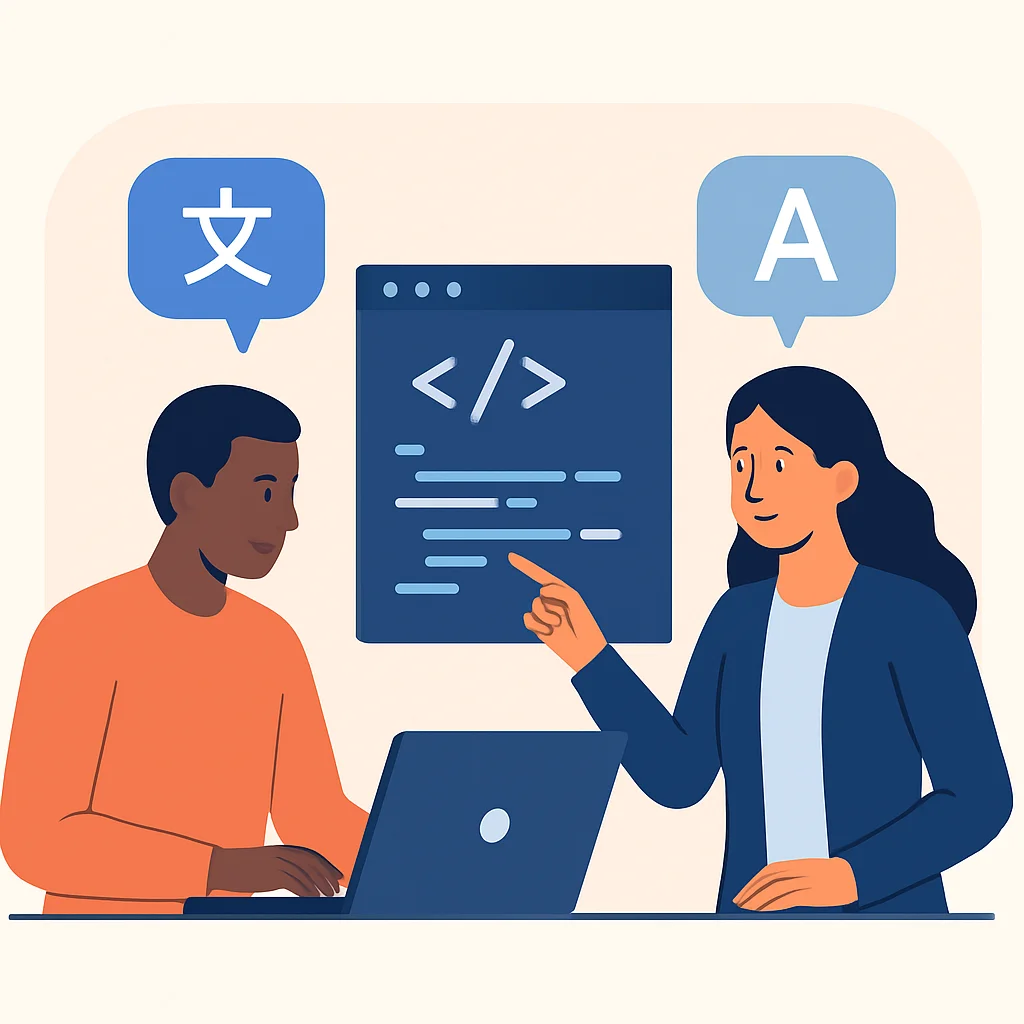 Diagrama que muestra a dos personas colaborando en un proyecto de codificación mientras hablan diferentes idiomas, con burbujas de diálogo