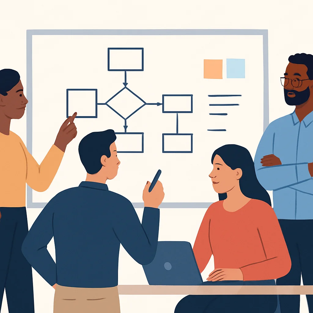 Equipo de desarrollo diverso colaborando en una pizarra, mostrando trabajo en equipo y resolución de problemas en un entorno ágil