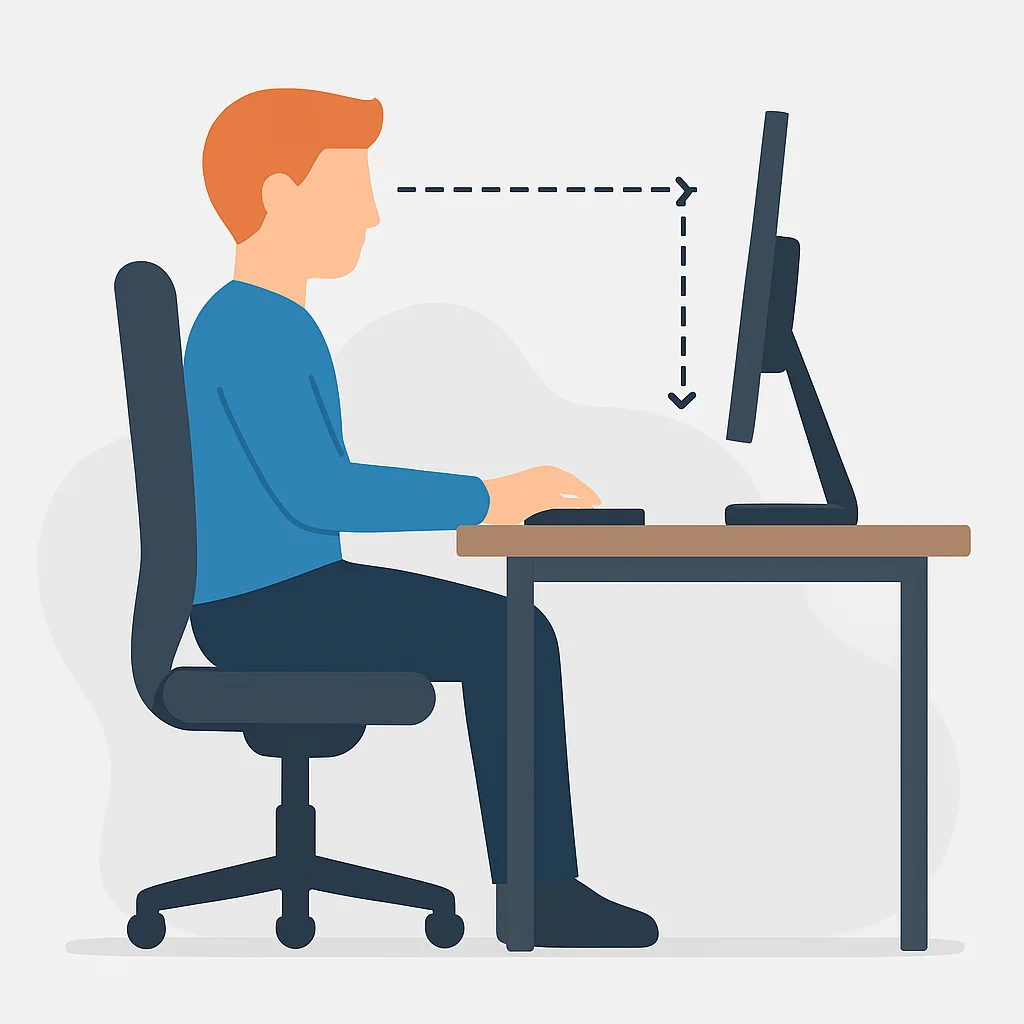 Diagrama de una estación de trabajo ergonómica con altura de monitor, distancia y posición de silla correctas