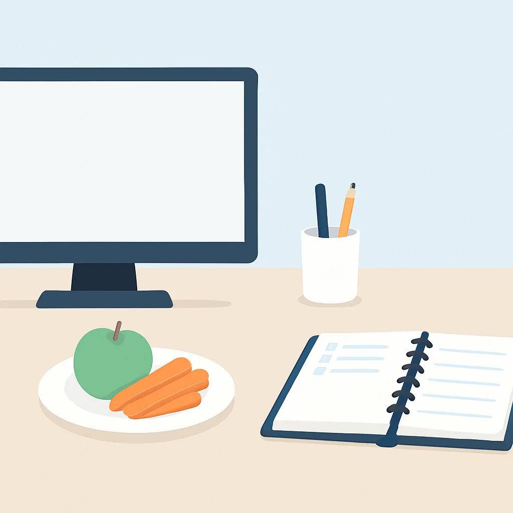 Escritorio organizado con espacio de trabajo despejado, snack saludable y agenda