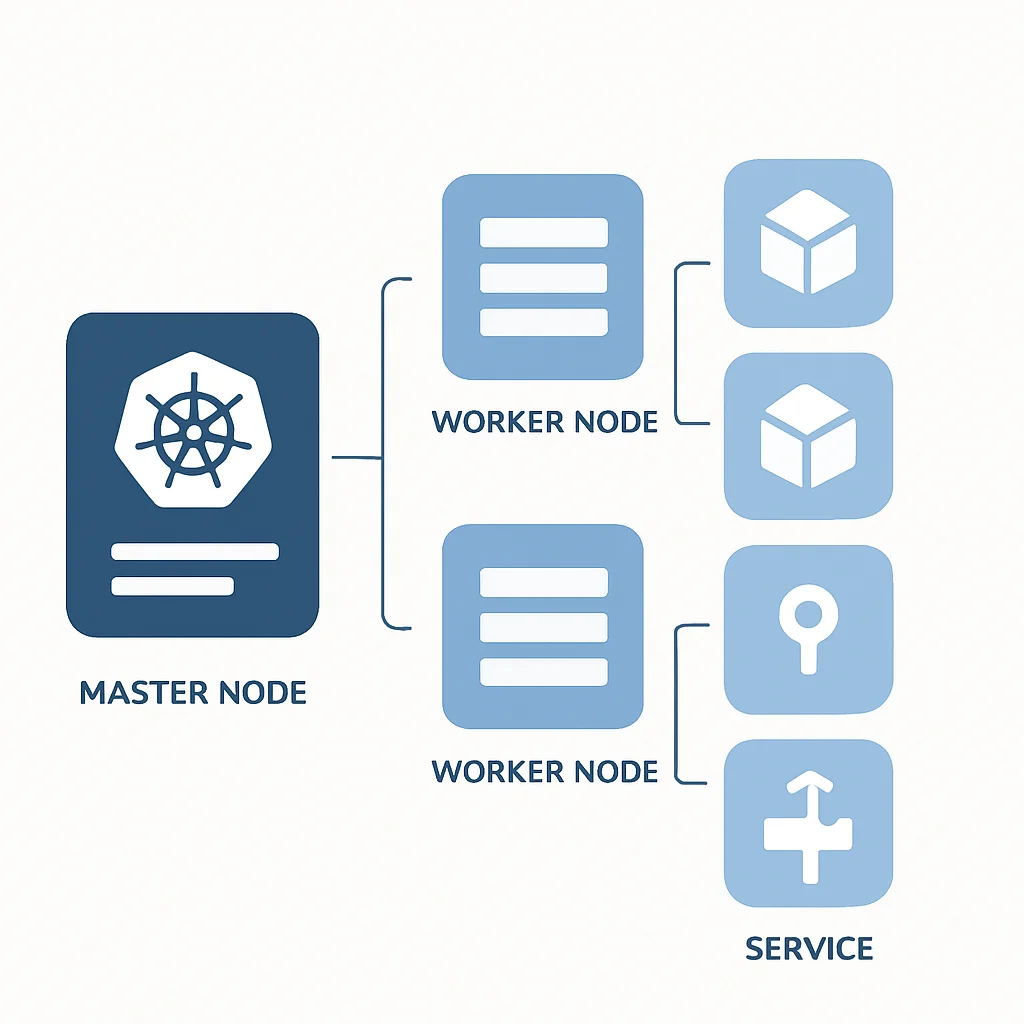 Diagrama de arquitectura de un clúster de Kubernetes con nodos maestro y trabajador, pods y servicios