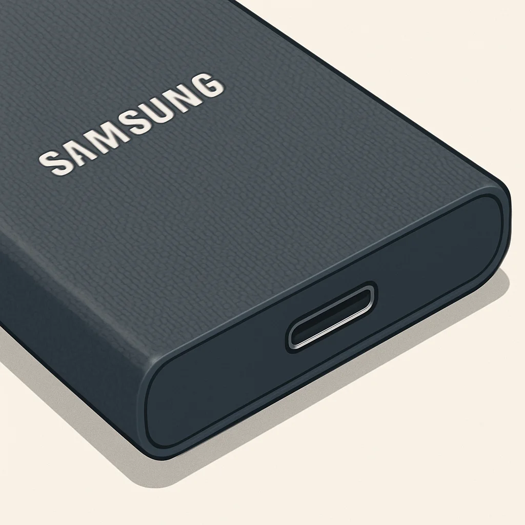 Primer plano de la superficie texturizada y el puerto USB-C del SSD portátil Samsung T9 (2026), destacando la calidad de construcción.