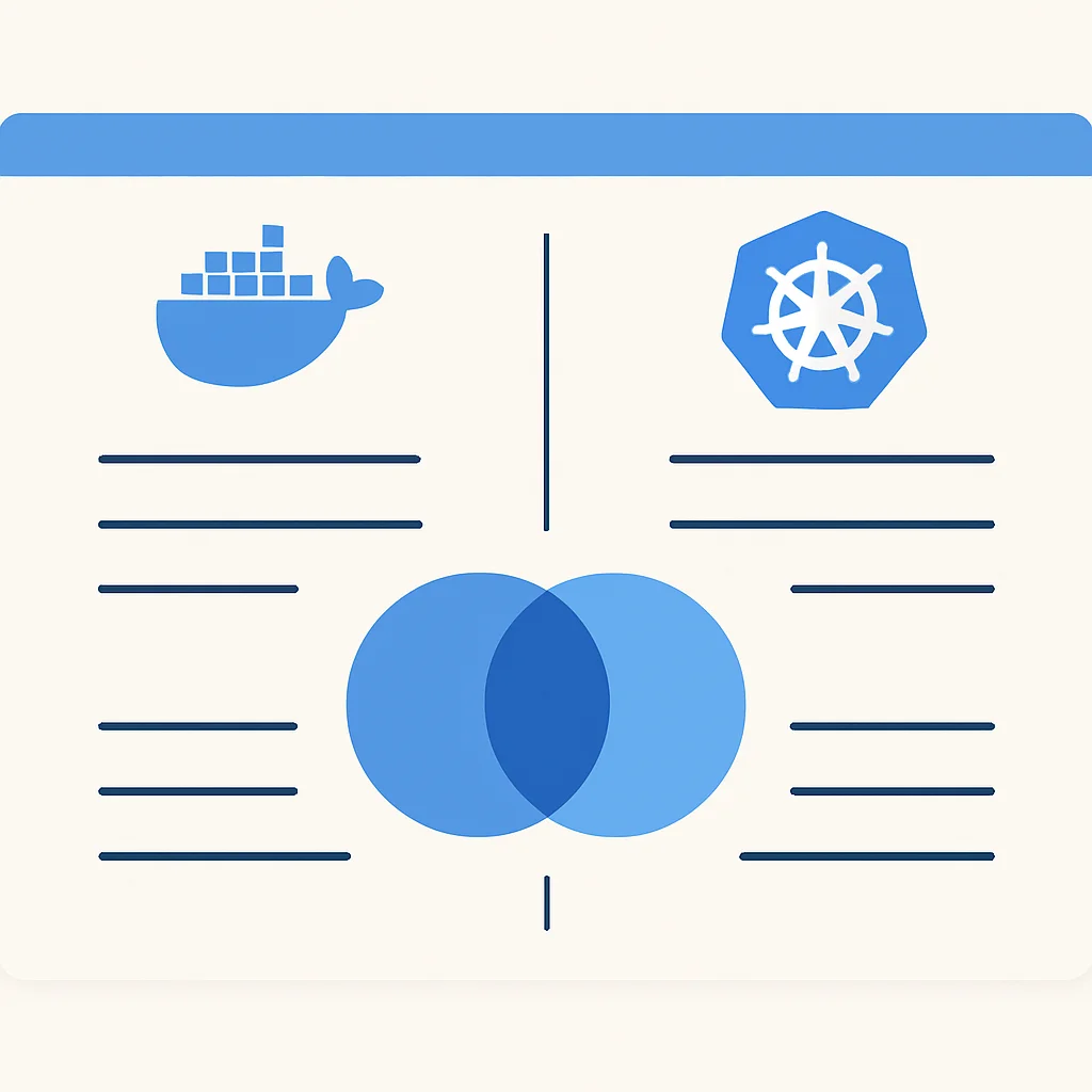 Gráfico comparativo que destaca las diferencias clave y sinergias entre Docker y Kubernetes