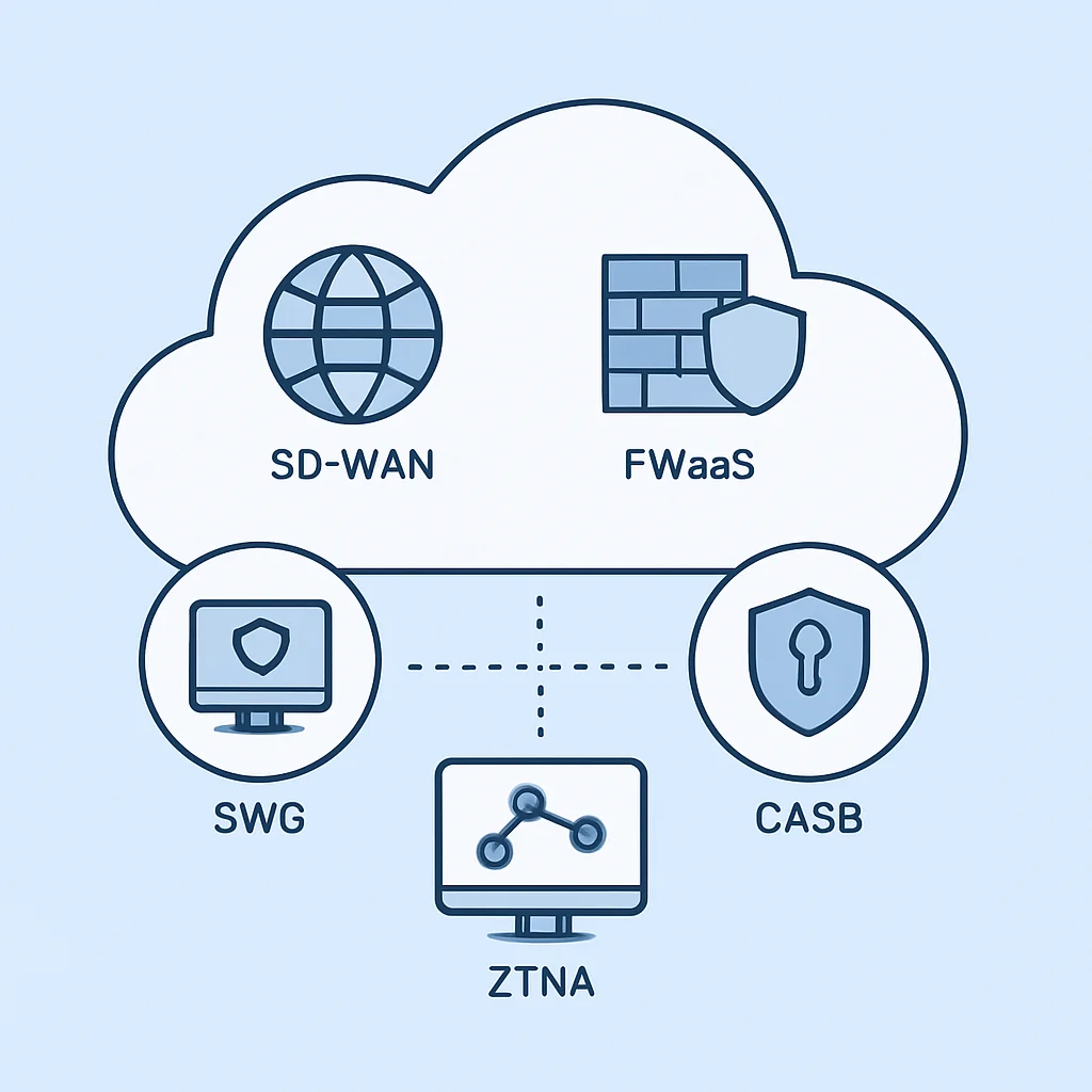 Componentes de la arquitectura SASE con integración de SD-WAN, FWaaS, SWG, CASB, ZTNA