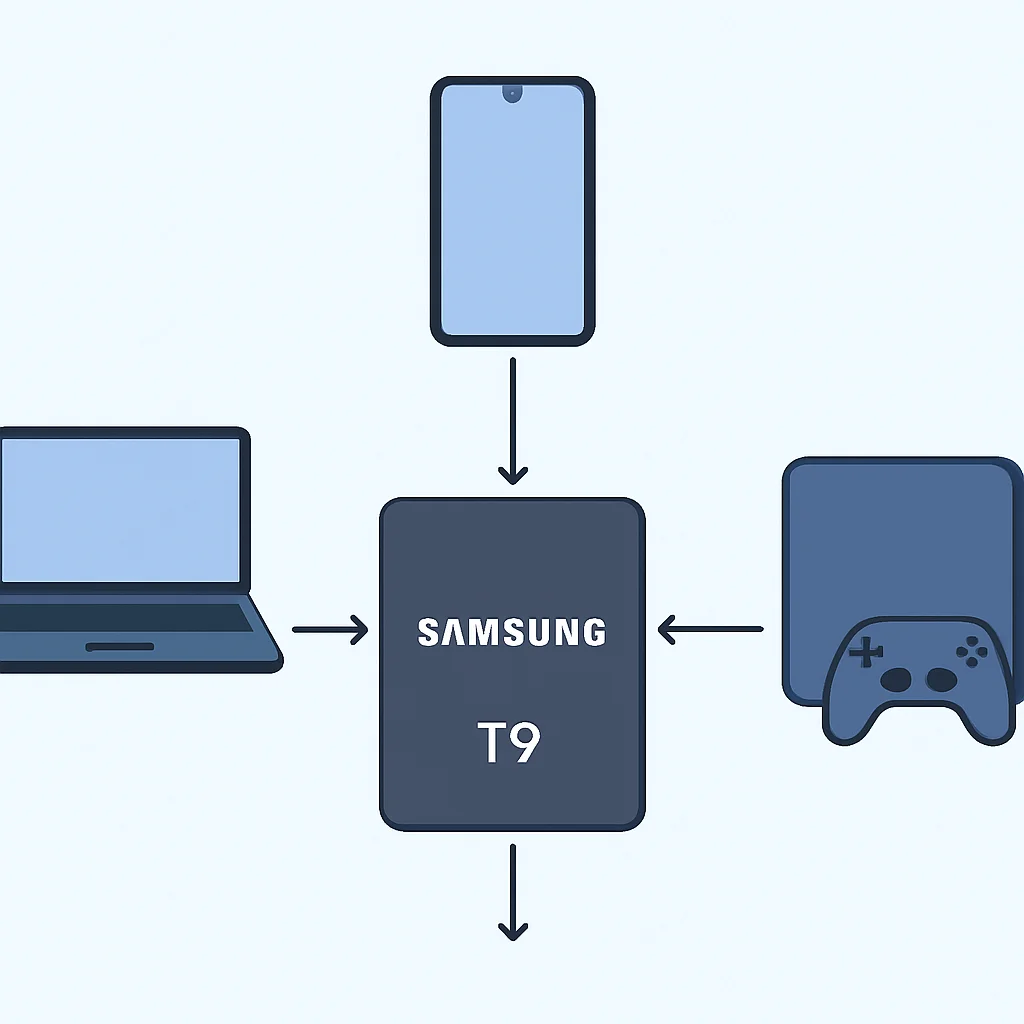 Diagrama mostrando el Samsung T9 (2026) conectado a varios dispositivos: portátil, smartphone, consola de juegos.